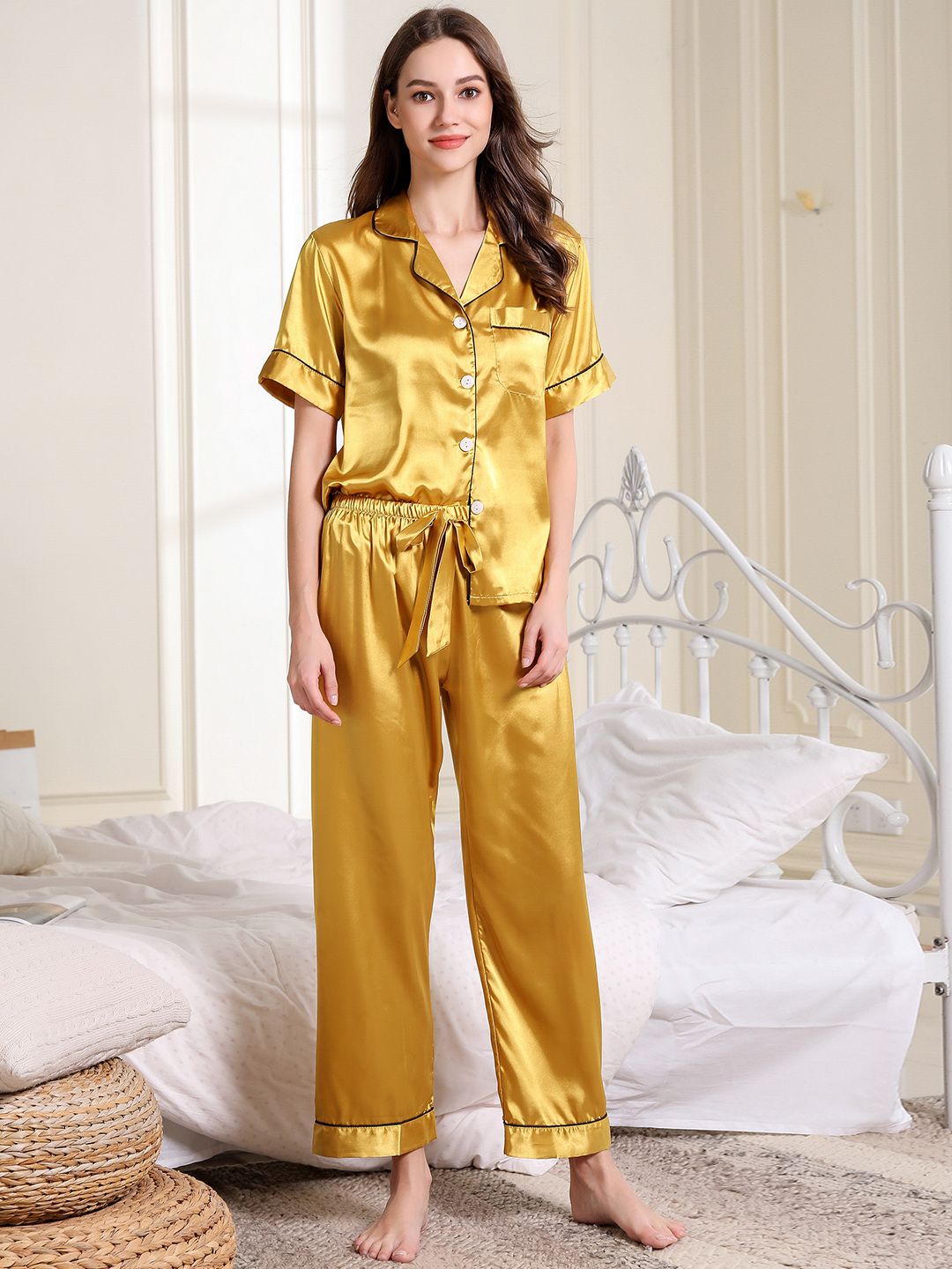 URBANIC Women Yellow Solid Pajama Set Price in India