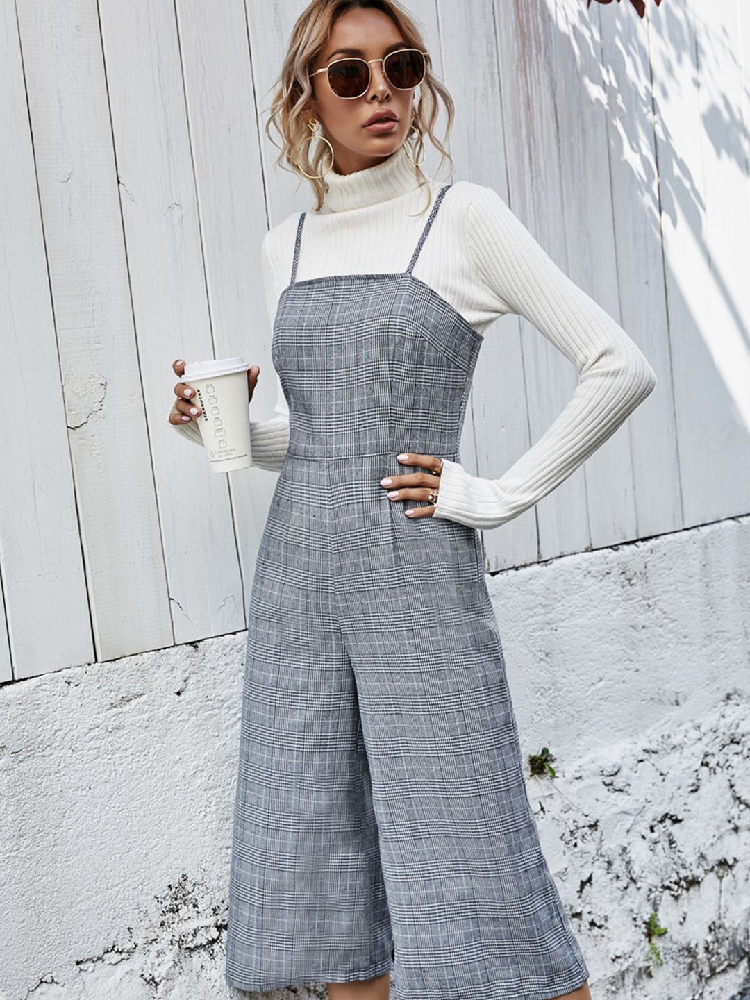 URBANIC Grey Checked Culotte Jumpsuit Price in India