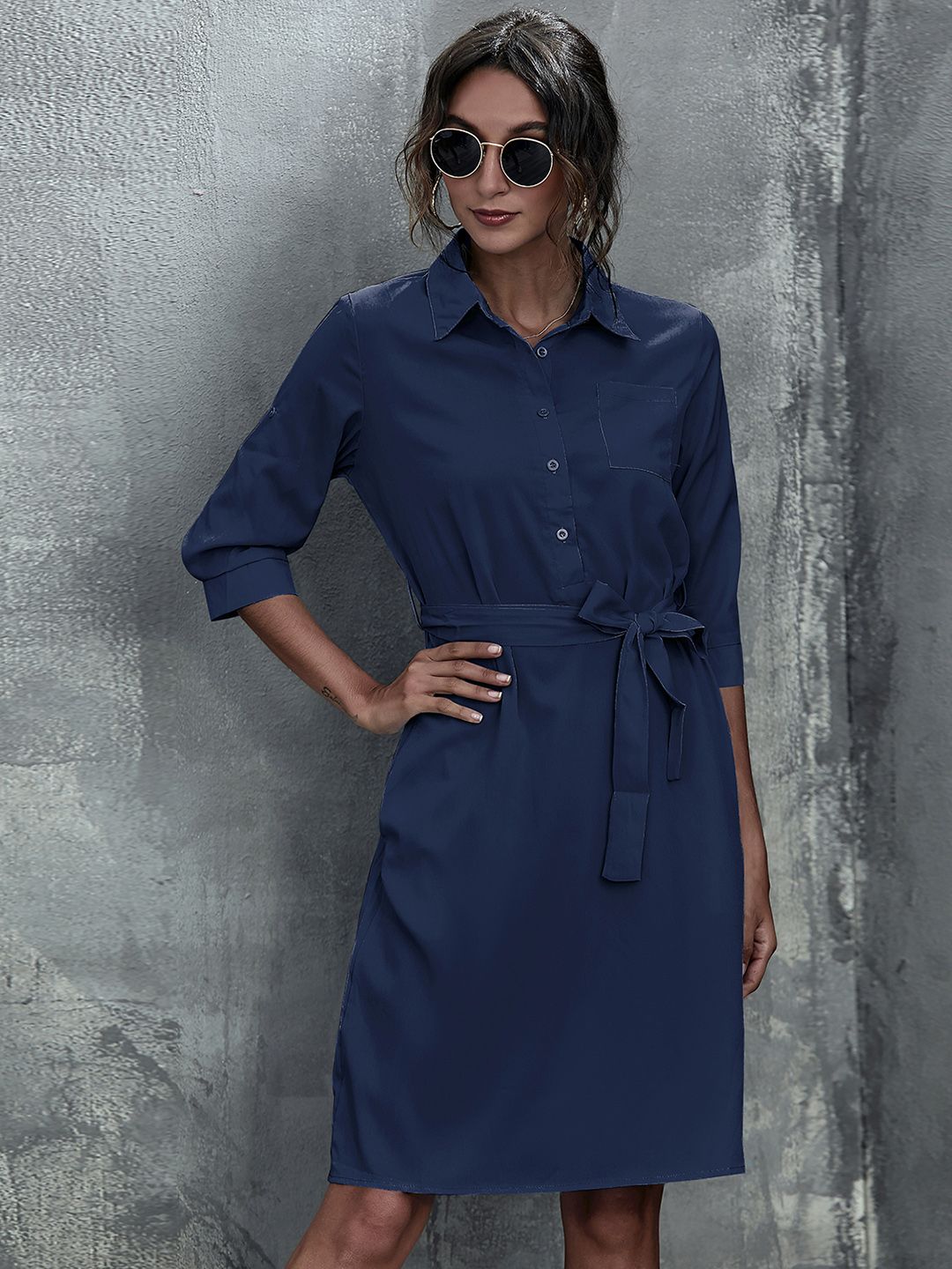 URBANIC Navy Blue Belted Shirt Dress Price in India