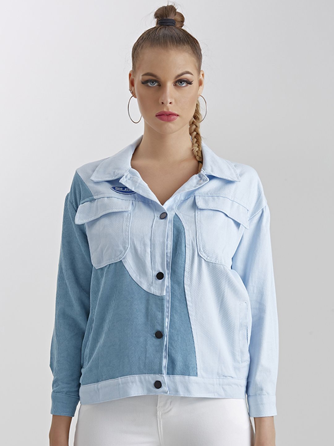 URBANIC Women Blue Colourblocked Corduroy Jacket with Patchwork Detail Price in India