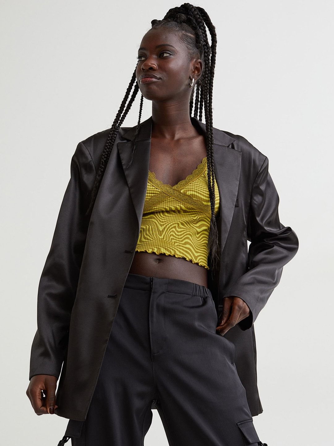 H&M Women Black Solid Satin Jacket Price in India