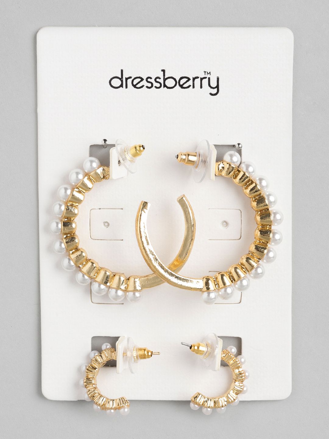 DressBerry Set of 2 Gold-Toned & Off White Beaded Crescent Shaped Half Hoop Earrings Price in India