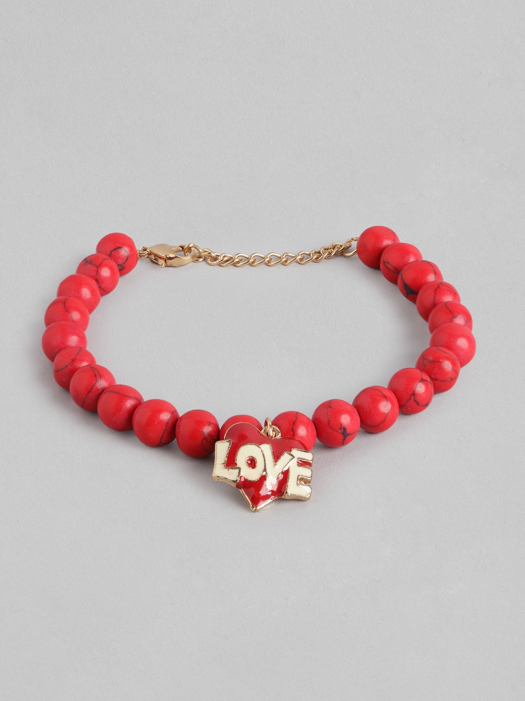 DressBerry Women Red & Gold-Toned Beaded Love Detail Enamelled Bracelet Price in India