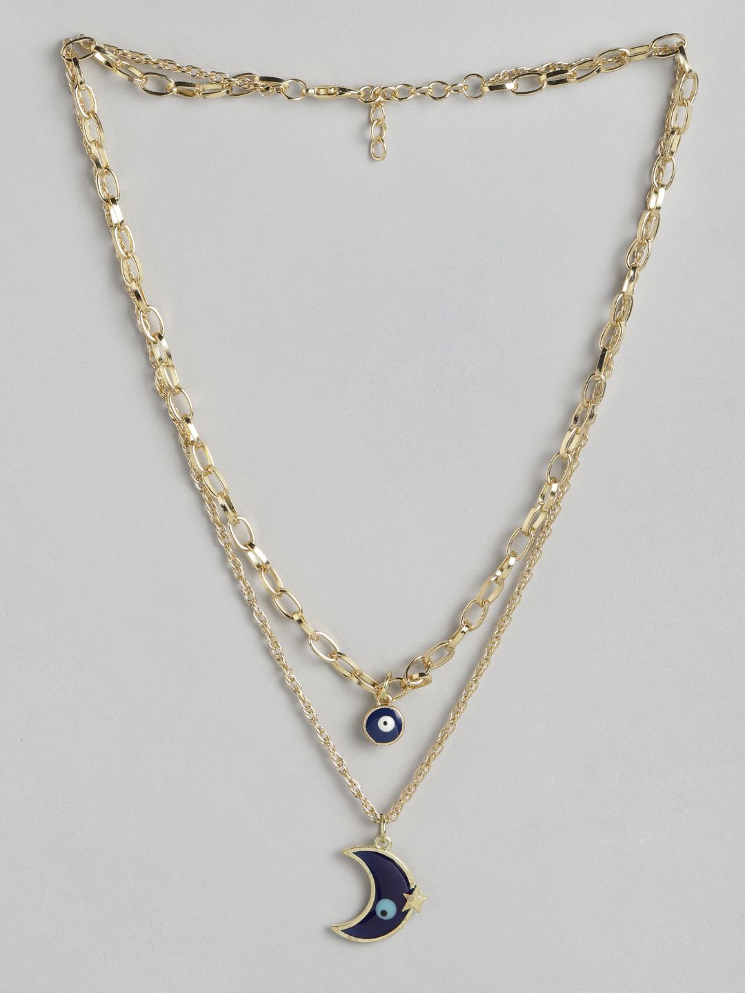 DressBerry Gold-Toned & Navy Blue Crescent-Shaped Enamelled Evil Eye Layered Necklace Price in India