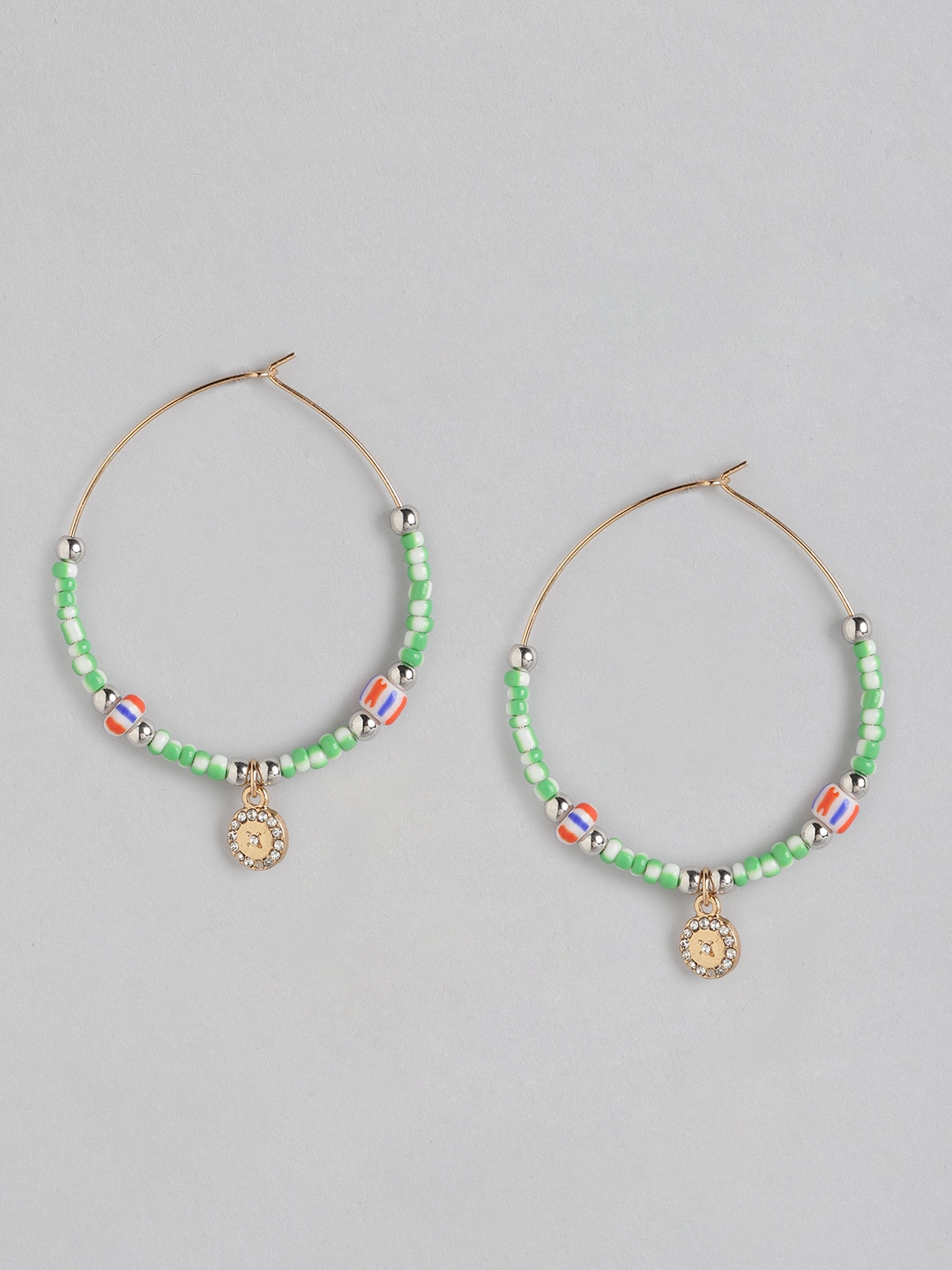 DressBerry Gold-Toned & Green Stone Studded & Beaded Hoop Earrings Price in India