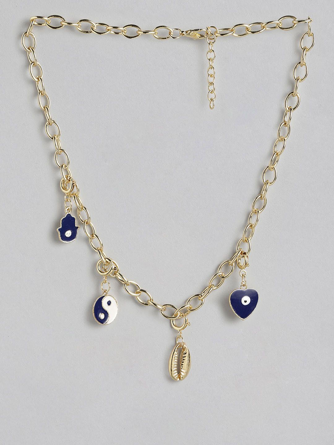 DressBerry Gold-Toned & Navy Blue Enamelled Evil Eye Charm Necklace Price in India