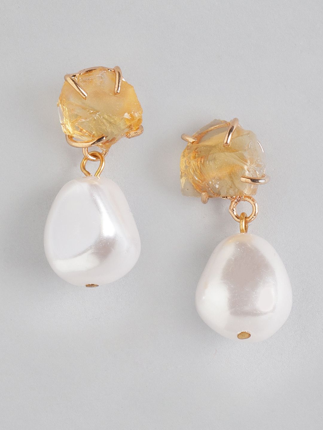 DressBerry Off White & Gold-Toned Stone Studded & Beaded Contemporary Drop Earrings Price in India