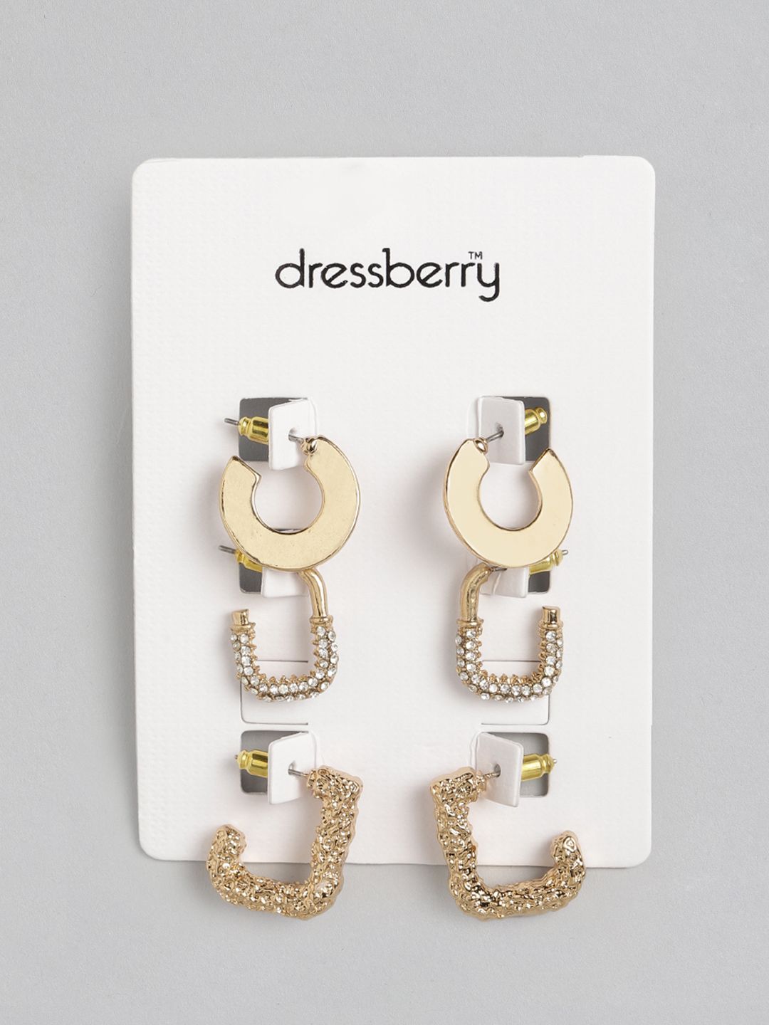 DressBerry Set of 3 Gold-Toned Geometric Half Hoop Earrings Price in India
