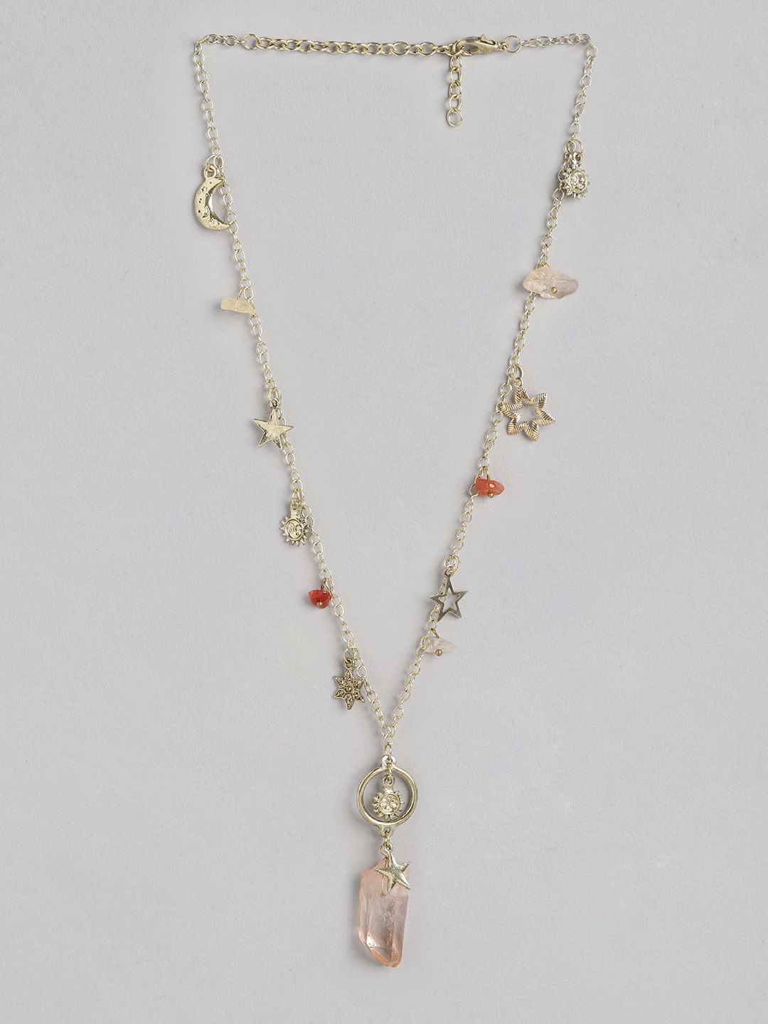 DressBerry Gold-Toned & Pink Bohemian Stone Studded Moon & Star Charm Link Necklace Price in India