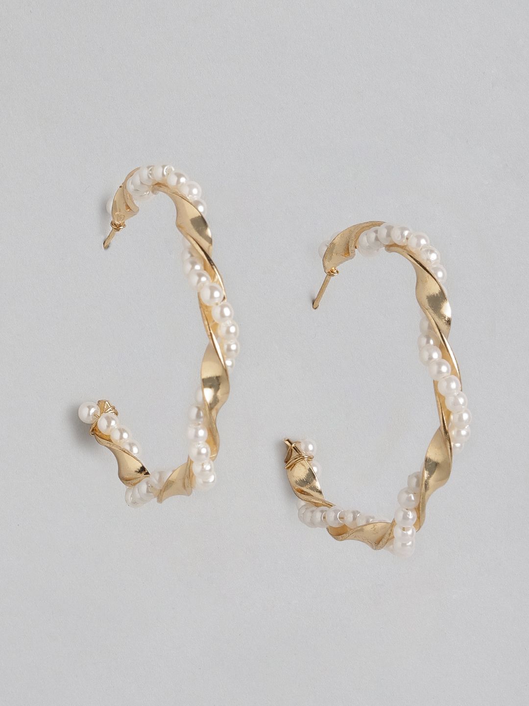 DressBerry Gold-Toned & Off White Crescent Shaped Beaded Half Hoop Earrings Price in India