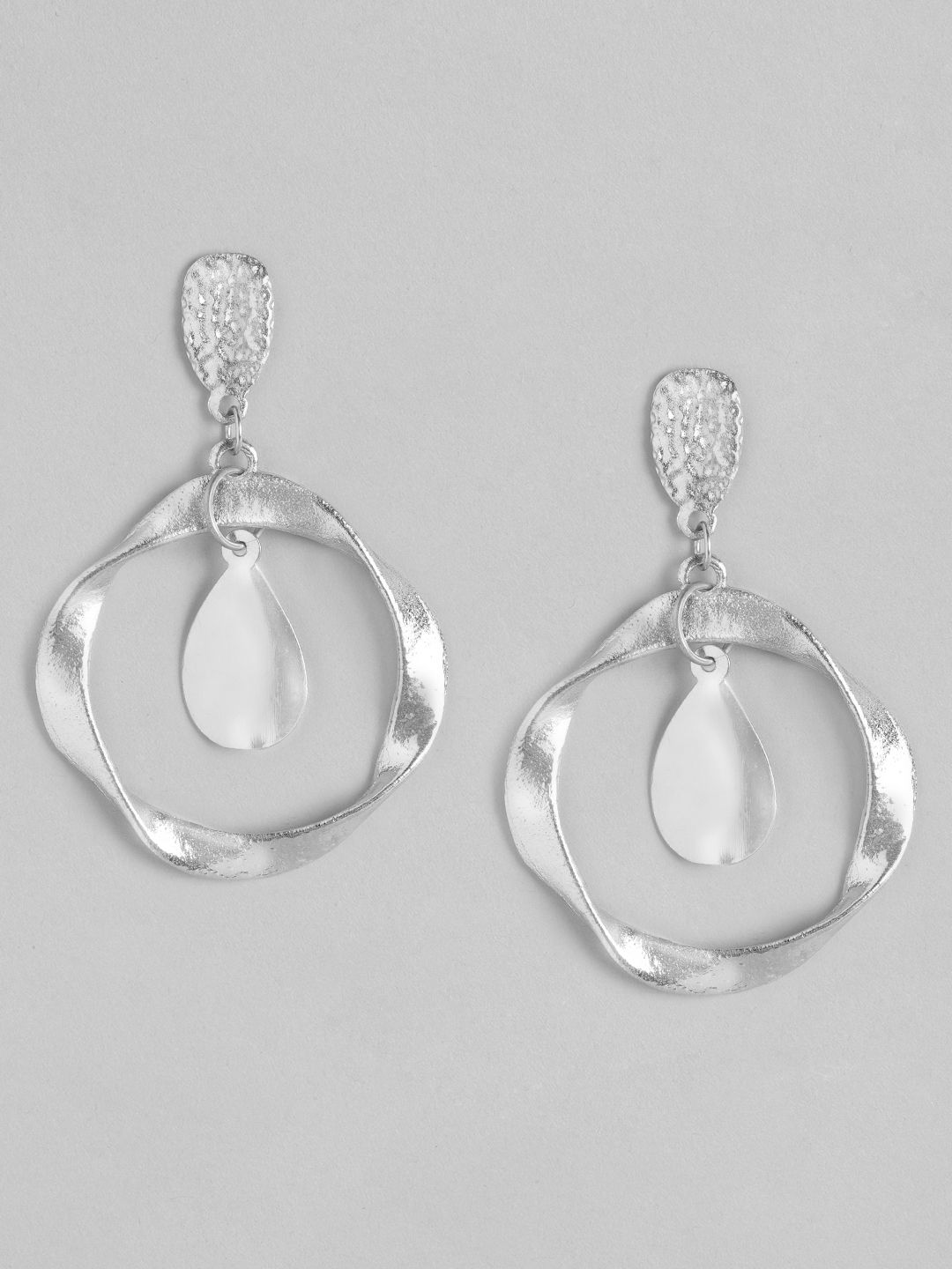 DressBerry Silver-Toned Contemporary Drop Earrings with Hammered Detail Price in India