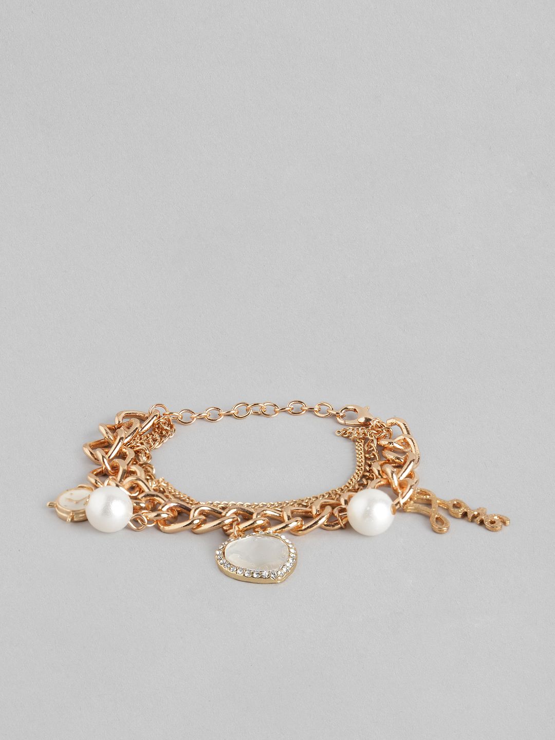 DressBerry Women Gold-Toned & Off-White Stone Studded & Beaded Charm Bracelet Price in India