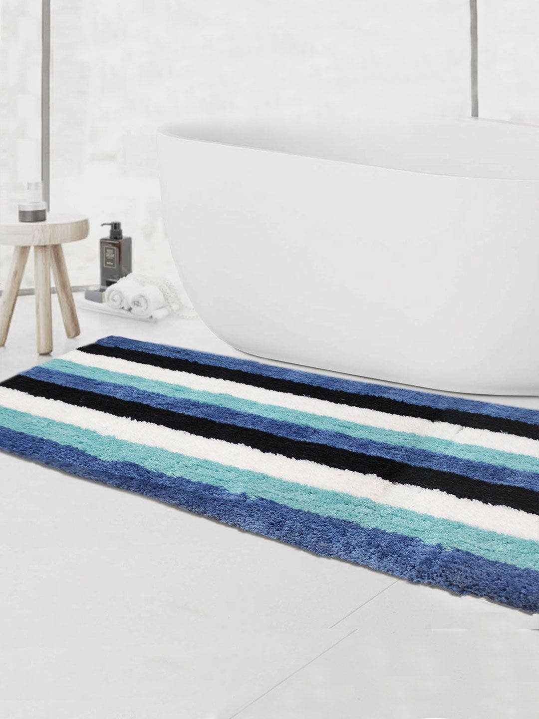 LUXEHOME INTERNATIONAL Navy Blue & White 1850 GSM Striped Bathmat Price in India