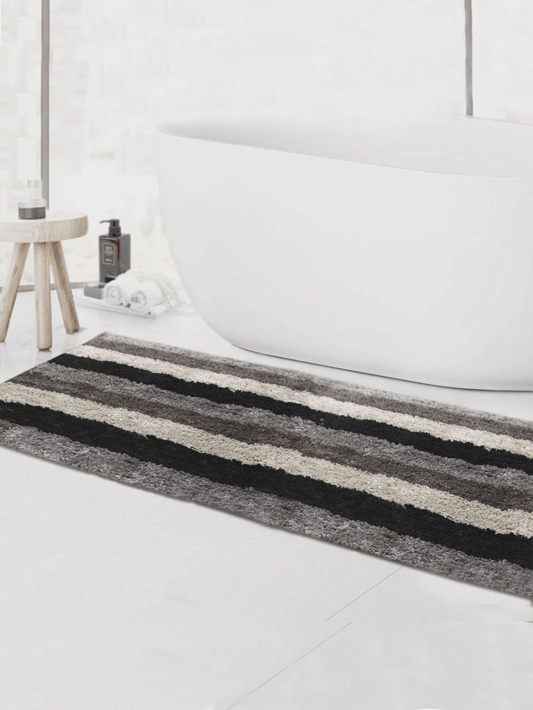 LUXEHOME INTERNATIONAL Grey and Black Striped 1850 GSM Bath Rug Price in India