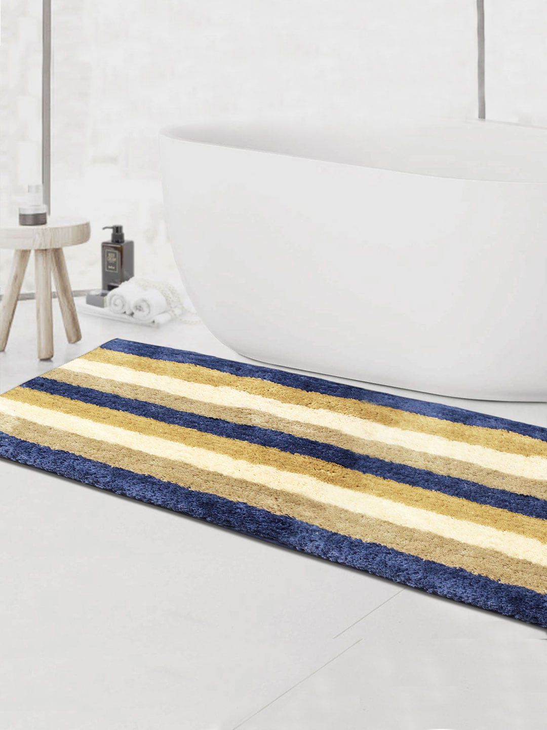 LUXEHOME INTERNATIONAL Brown & Blue Striped 1850 GSM Microfibre Bath Rug Price in India
