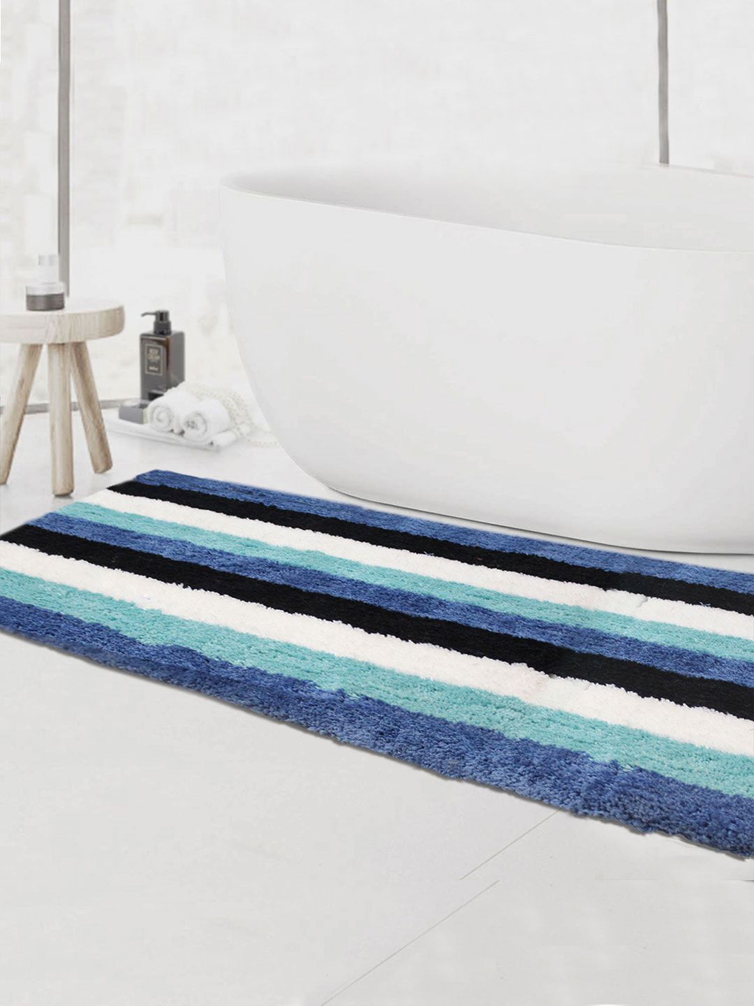 LUXEHOME INTERNATIONAL Blue & White Striped 1850 GSM Microfibre Bath Rug Price in India