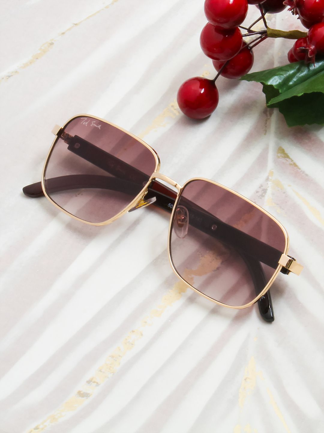 Ted Smith Unisex Brown Lens & Gold-Toned Square Sunglasses with UV Protected Lens