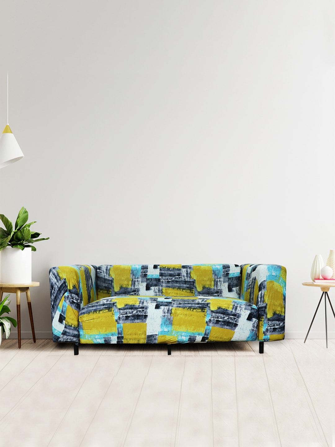 HOUSE OF QUIRK Yellow & Grey Geometric Printed 3 Seater Stretchable Sofa Covers Price in India