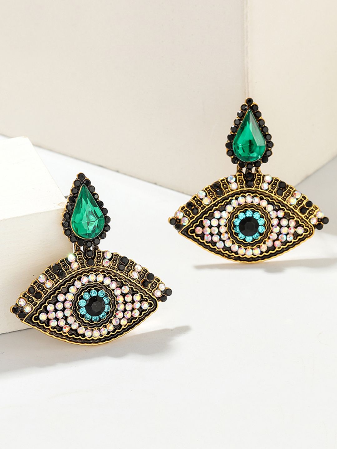 URBANIC Black & Green Evil Eye Design Drop Earrings Price in India