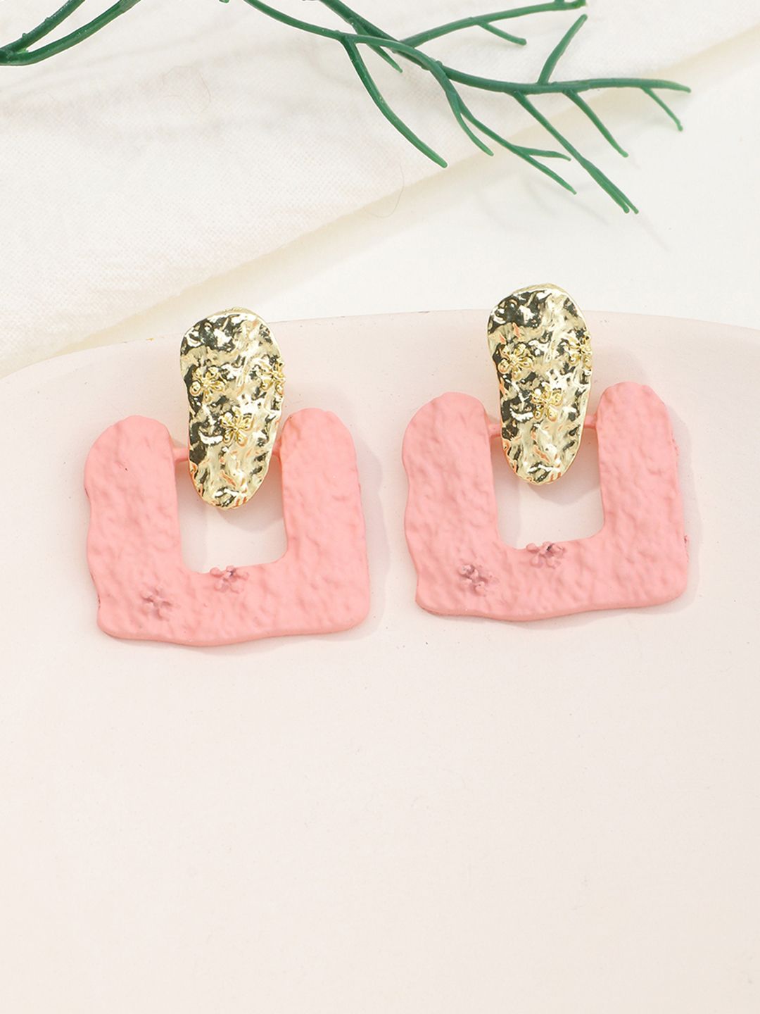 URBANIC Pink & Gold-Toned Square Studs Earrings Price in India