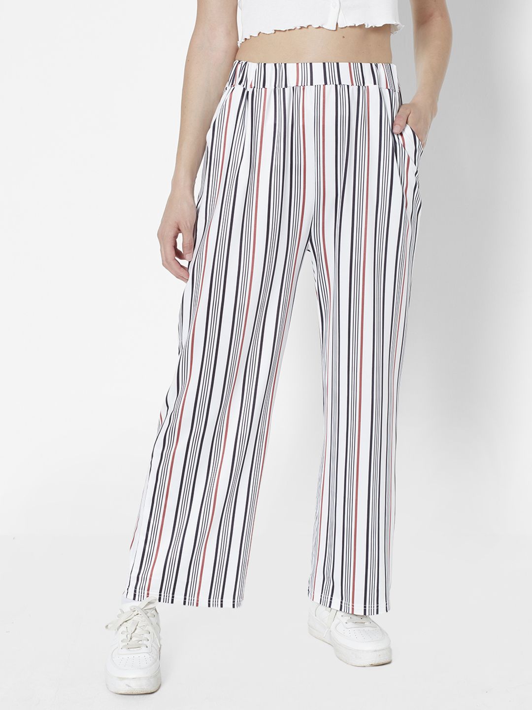 URBANIC Women White & Black Striped Trousers Price in India