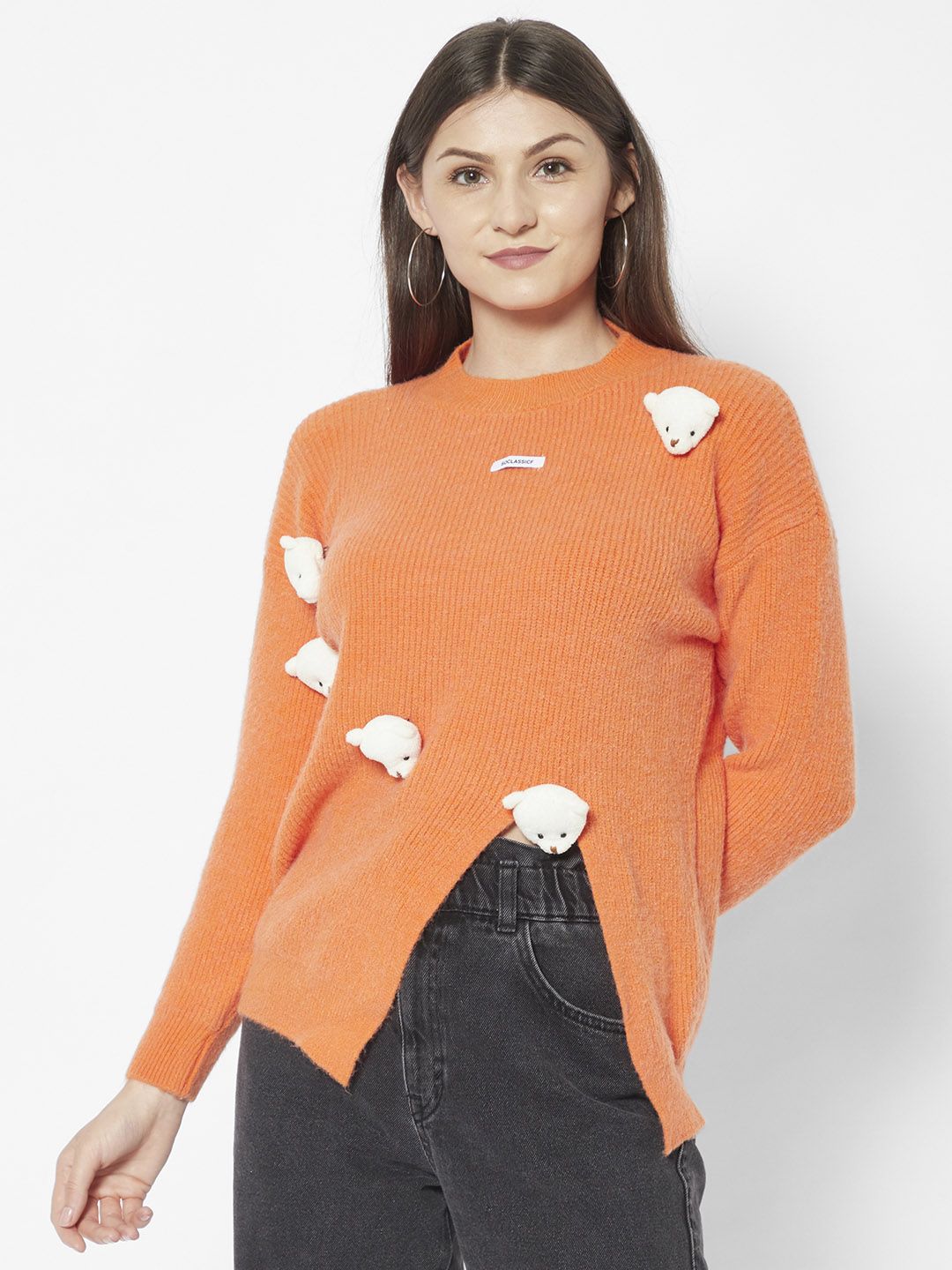 URBANIC Women Orange Solid Pullover with Embellished Detail Price in India
