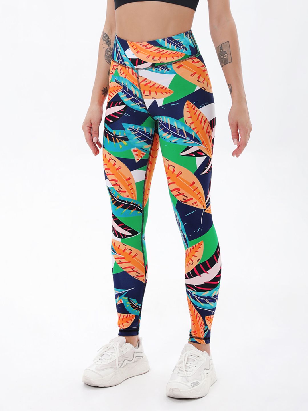 URBANIC Women Blue & Orange Printed Gym Tights Price in India