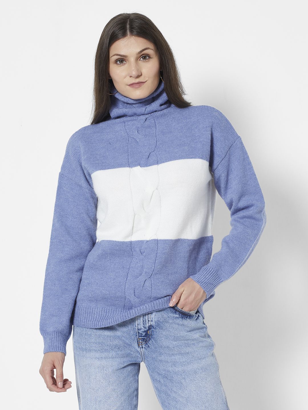 URBANIC Women Blue & White Cable Knit Colourblocked Pullover Price in India