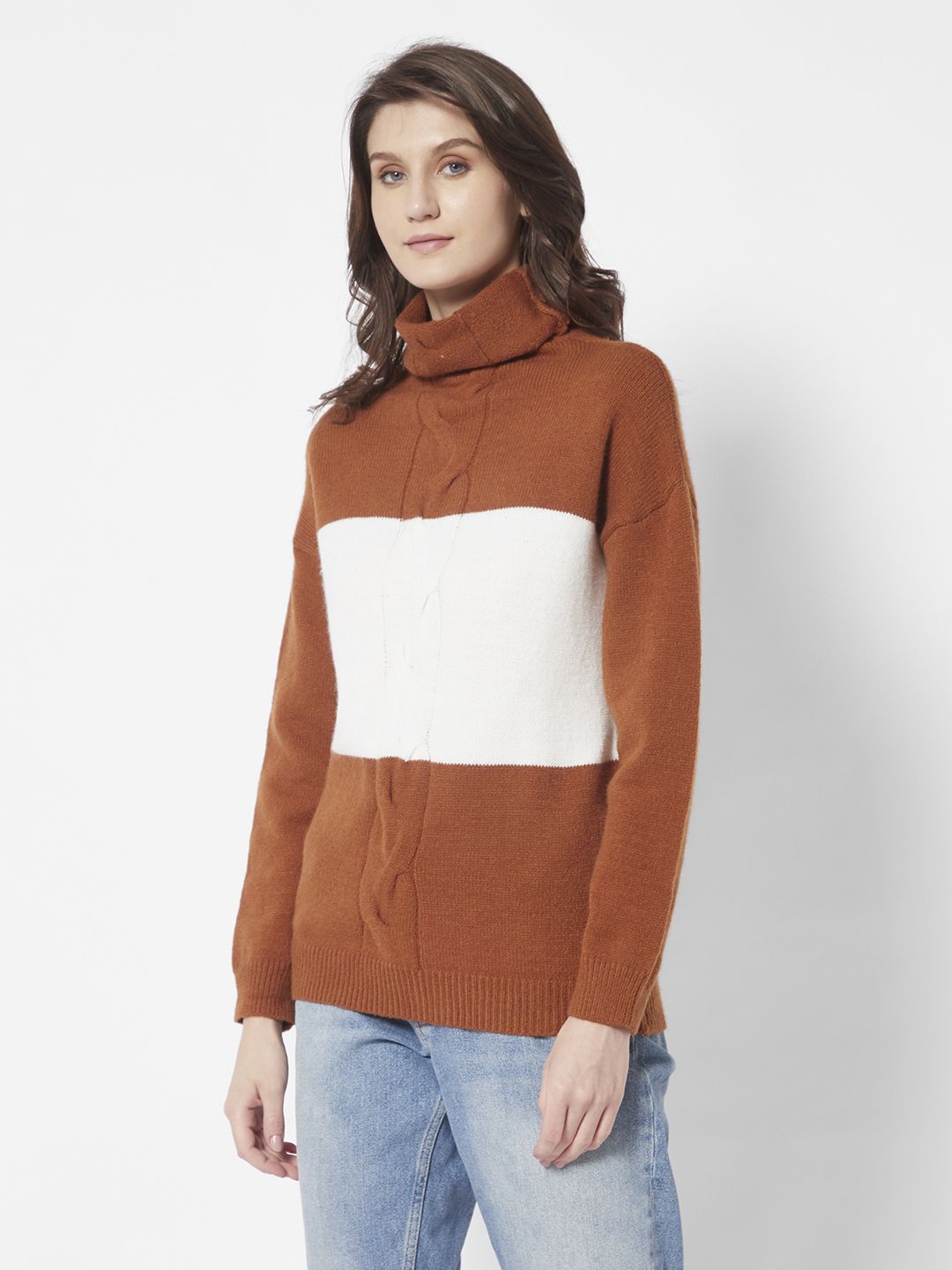 URBANIC Women Brown & White Cable Knit Colourblocked Pullover Price in India