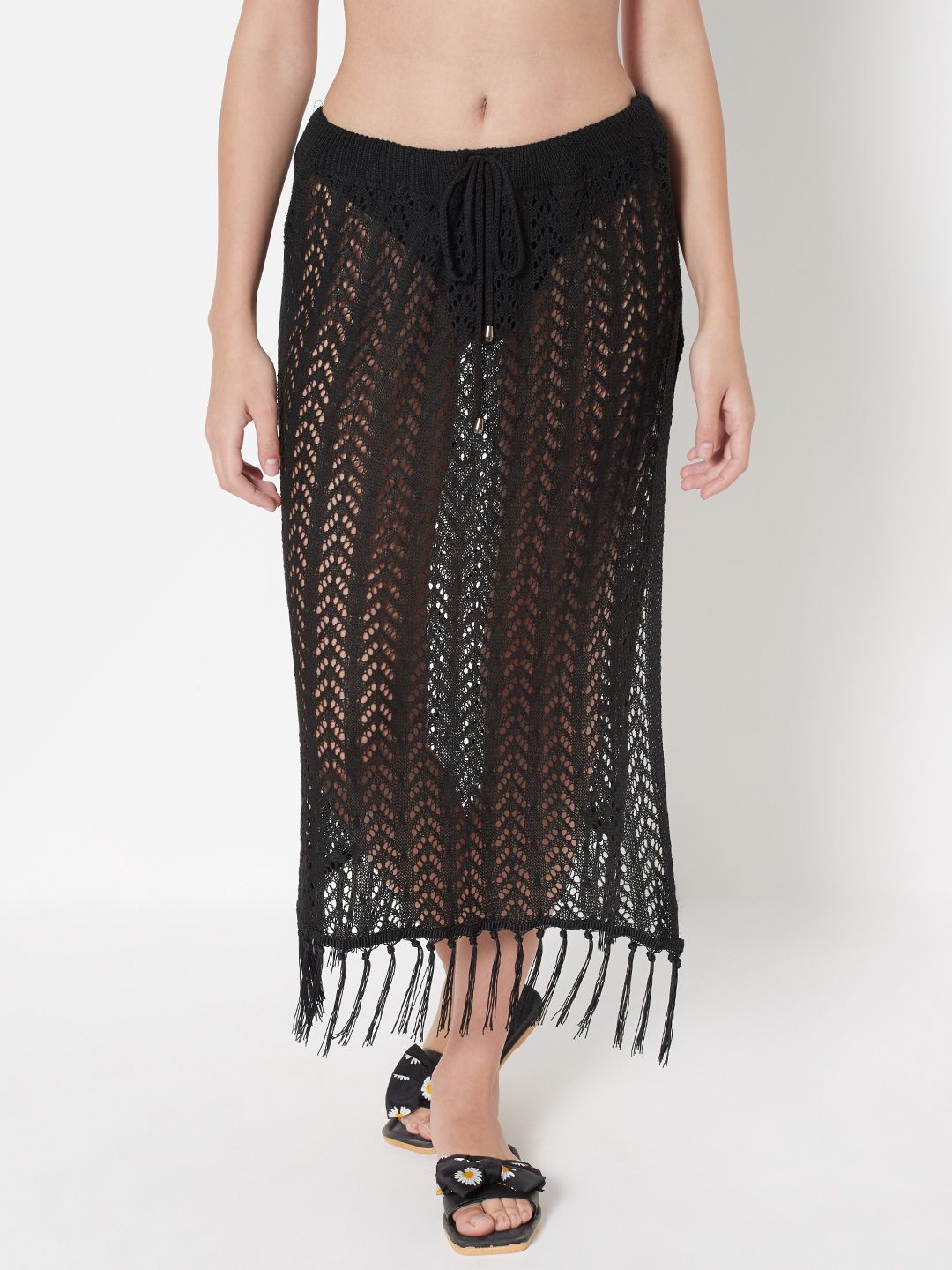 URBANIC Black Crochet Swim Cover Up Skirt with Side Slit Price in India