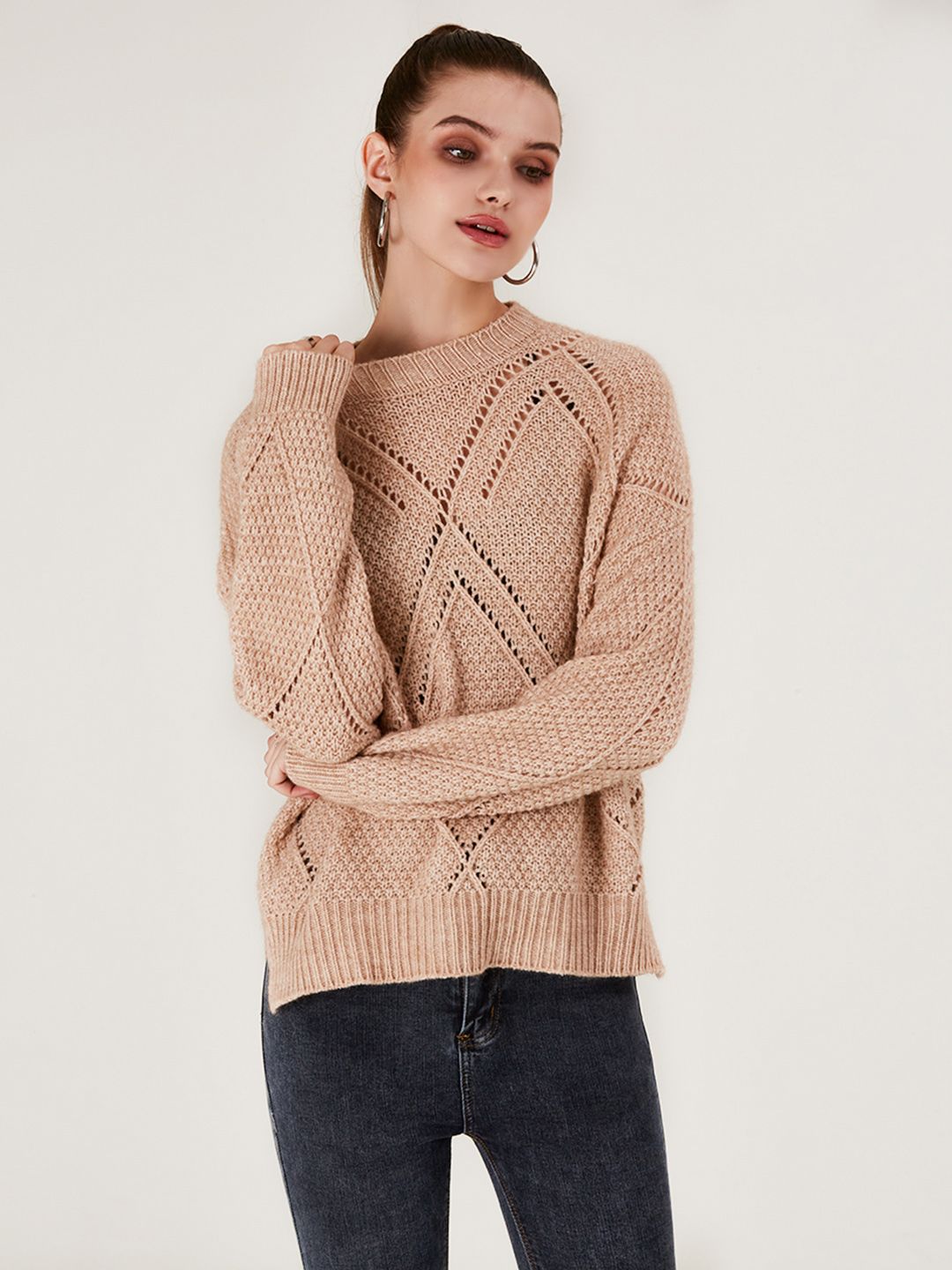 URBANIC Women Beige Open-Knit Pullover Price in India