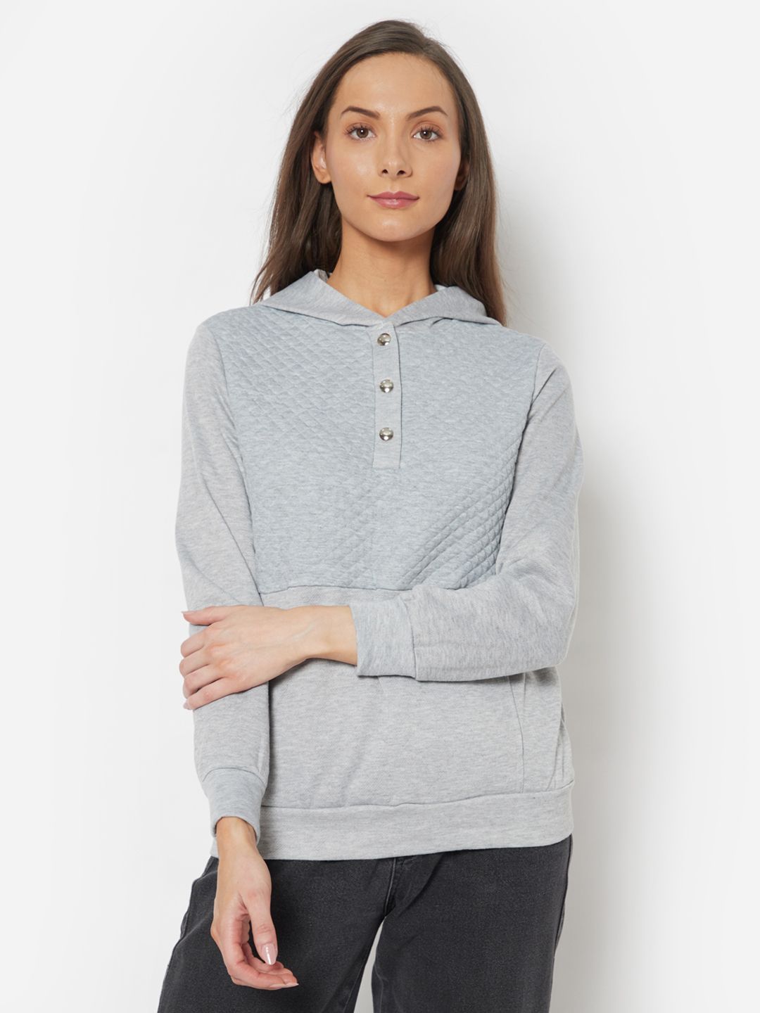 URBANIC Women Grey Melange Hooded Pure Cotton Sweatshirt Price in India