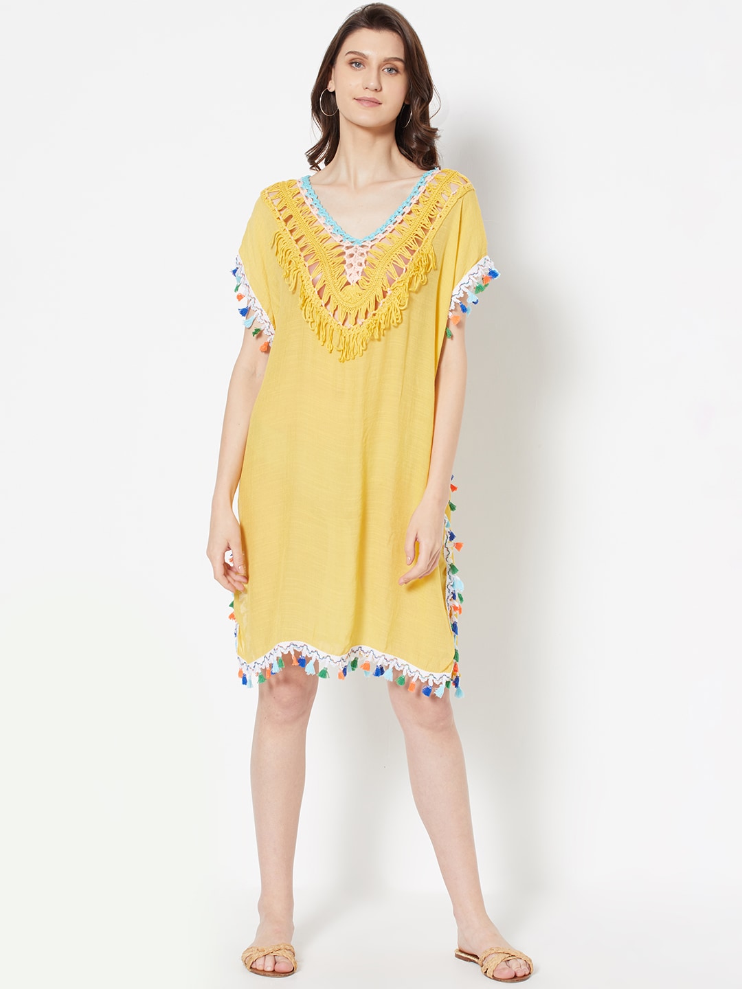 URBANIC Women Yellow Solid Crochet Kaftan Fringe Beach Dress Price in India