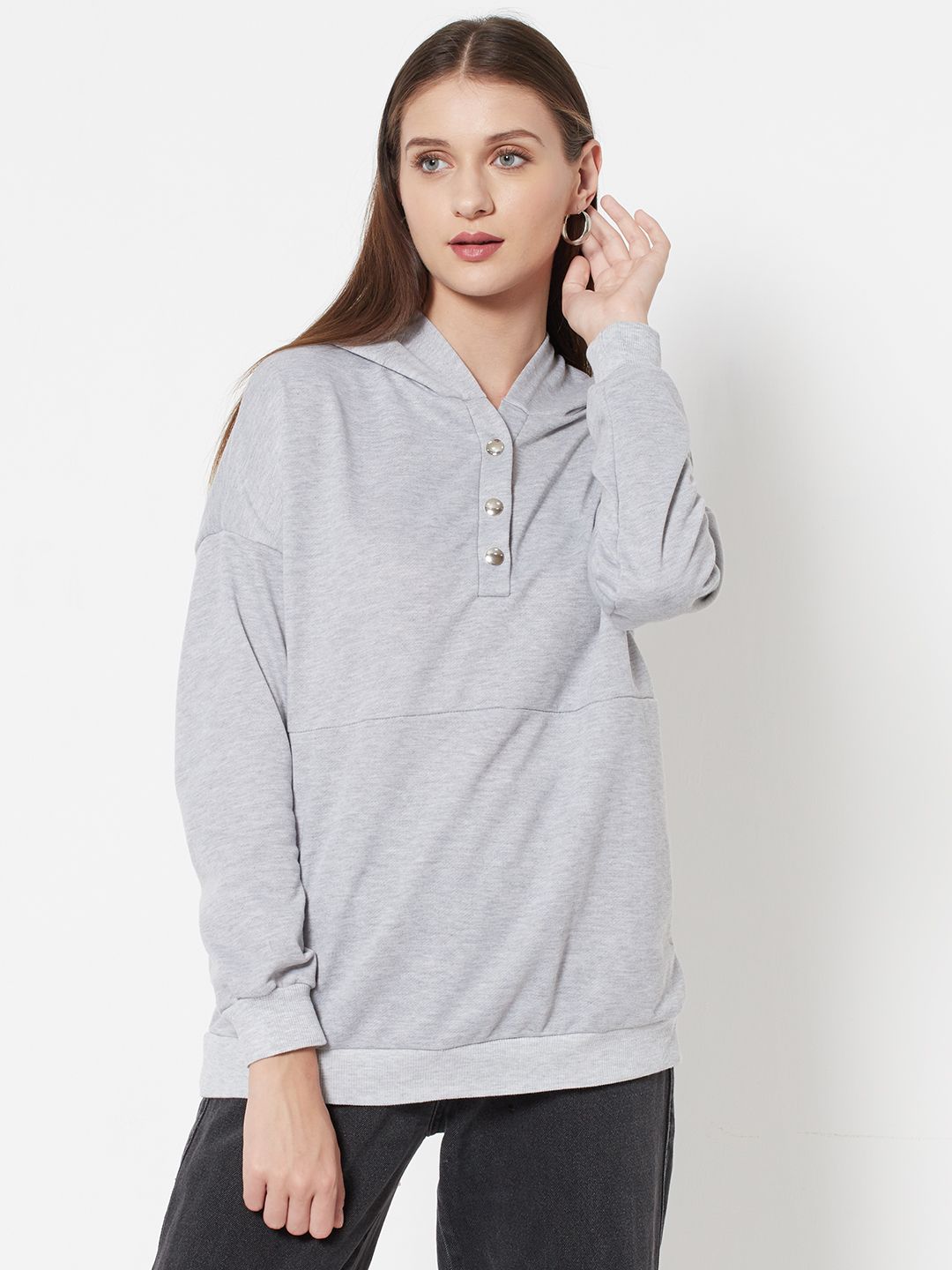 URBANIC Women Grey Melange Hooded Sweatshirt Price in India