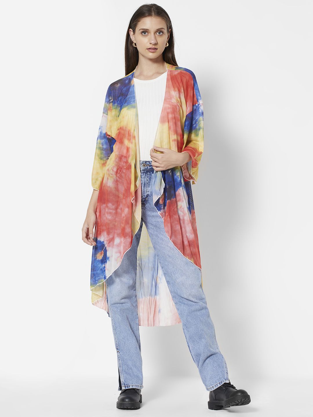 URBANIC Women Blue & Red Tie & Dye Longline Shrug Price in India