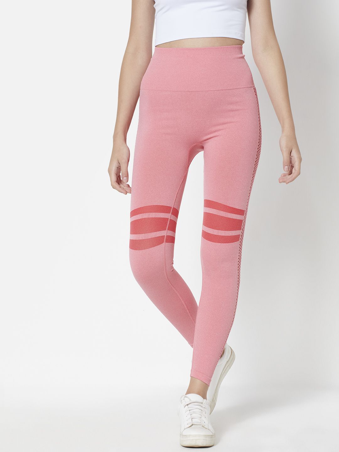 URBANIC Women Pink Striped Cut Out Slim Fit Gym Tights Price in India