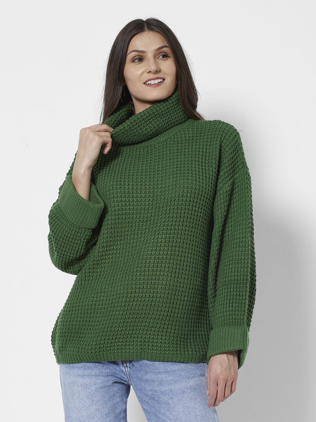 URBANIC Women Green Solid Extra-Relaxed Fit Crochet Knitted Pullover Sweater Price in India