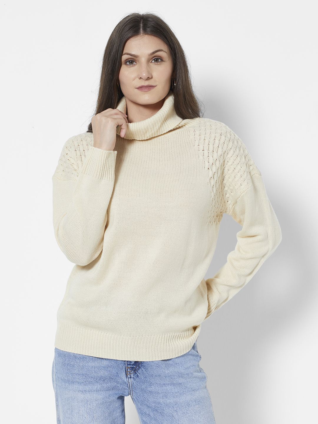 URBANIC Women Beige Solid Extra-Relaxed Fit Crochet Knitted Pullover Sweater Price in India