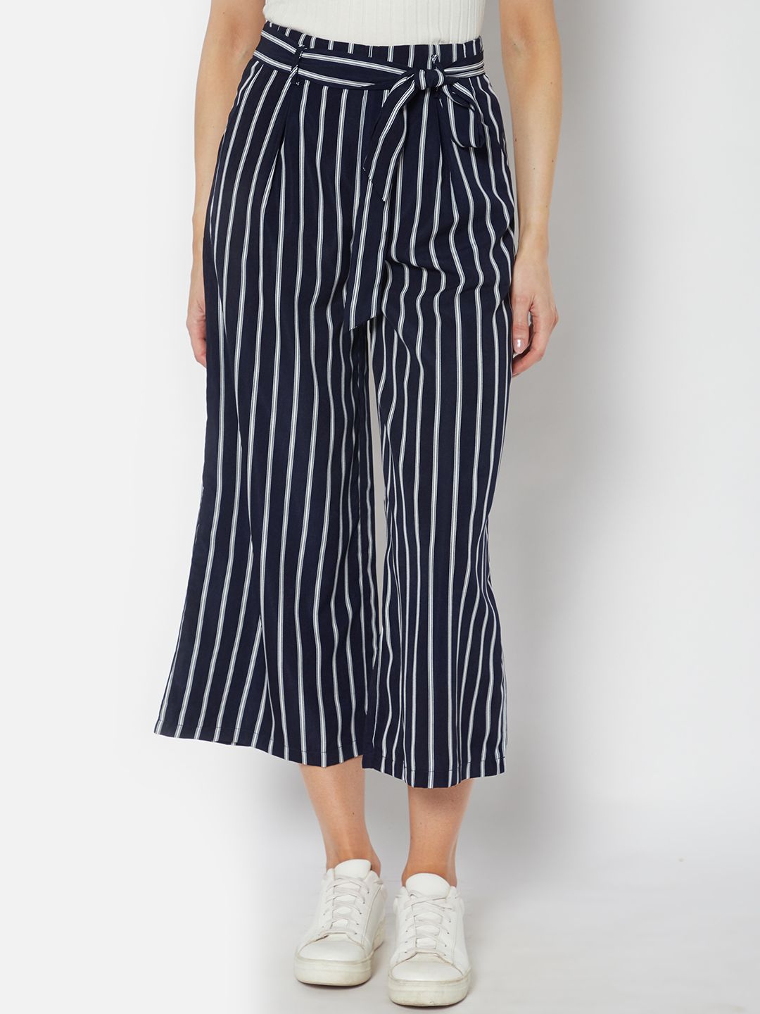 URBANIC Women Navy Blue & White Striped Cropped Trousers Price in India