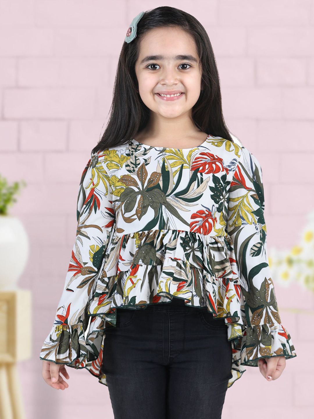 Cutiekins White Floral Crepe Regular Top