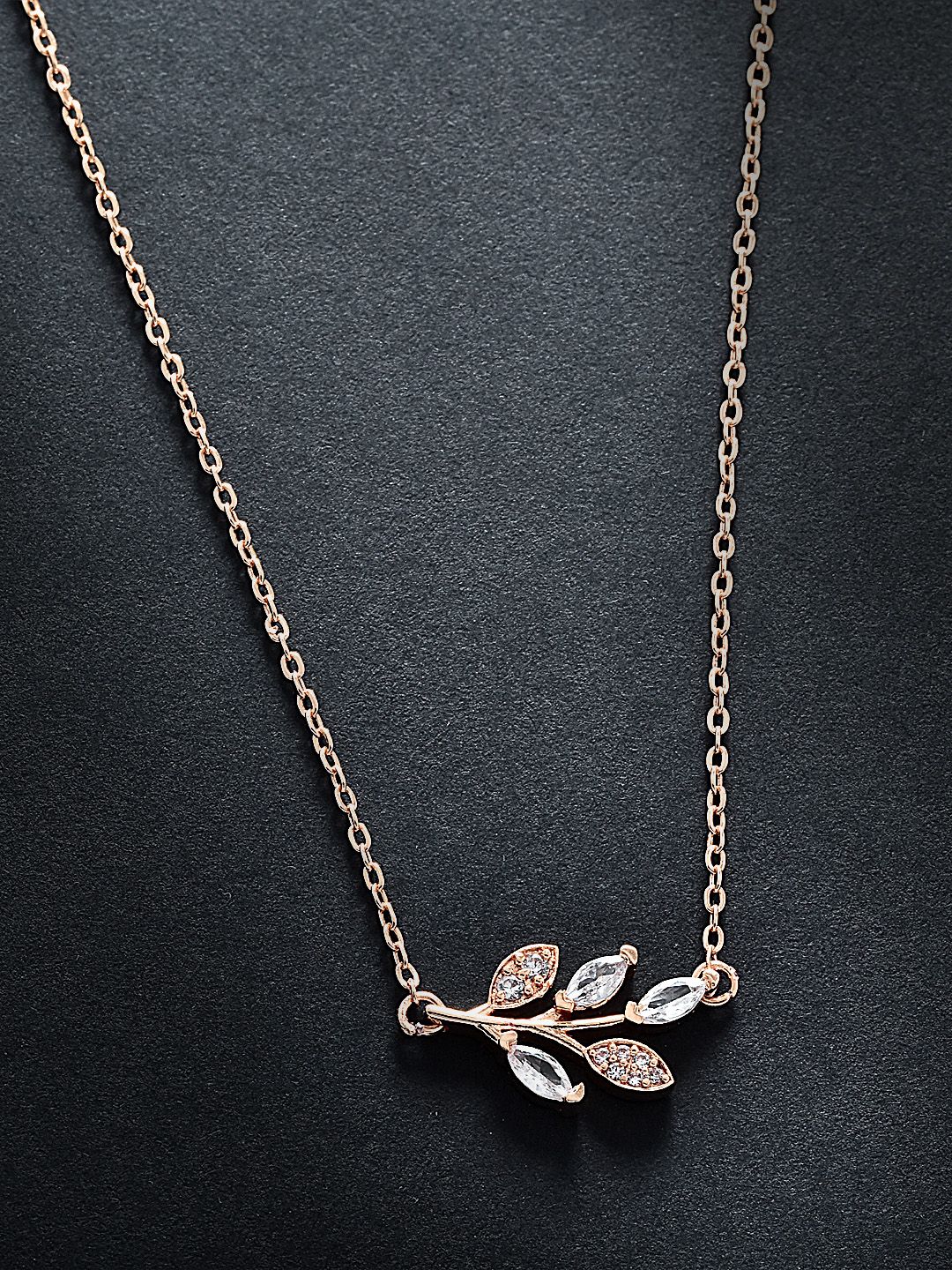 MINUTIAE Rose Gold Plated & White Brass Crystals Marquise Vine Pendant Necklace Price in India