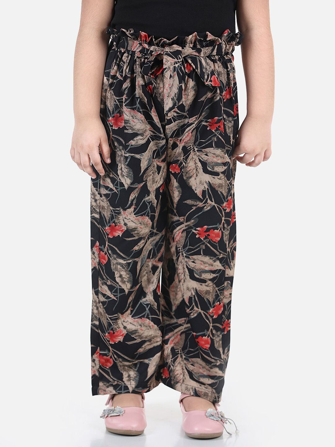 Cutiekins Girls Black & Red Floral Printed Knitted Palazzos