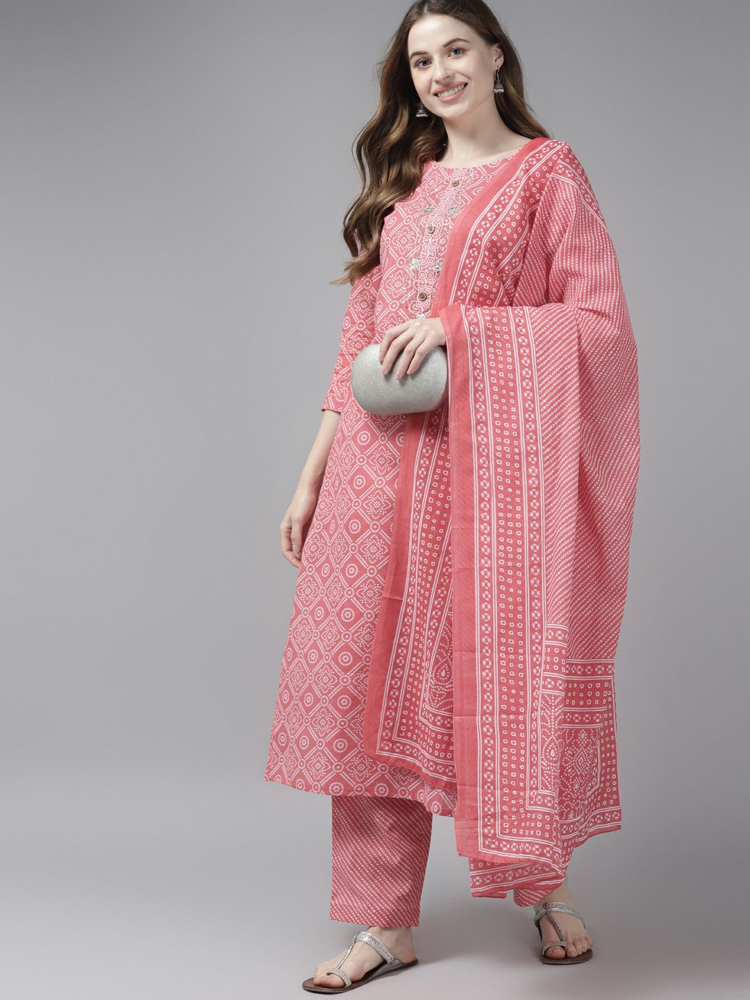 Yufta Women Pink Printed Regular Pure Cotton Kurta with Palazzos & With Dupatta Price in India