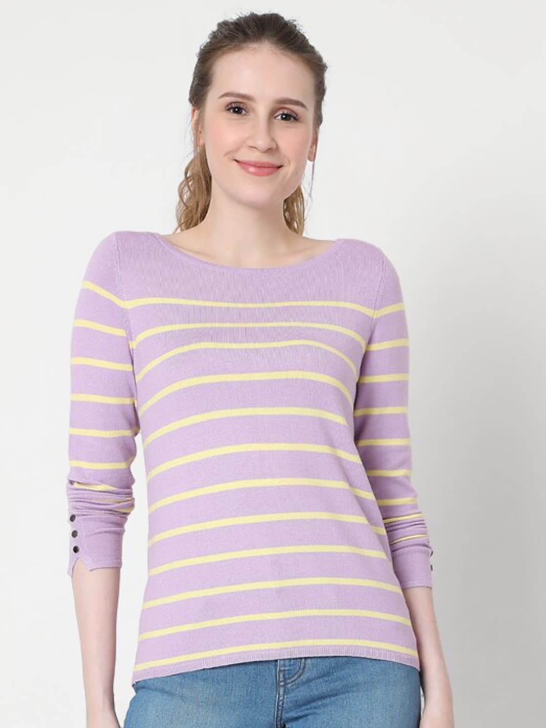 Vero Moda Women Purple & Yellow Striped Pullover Price in India