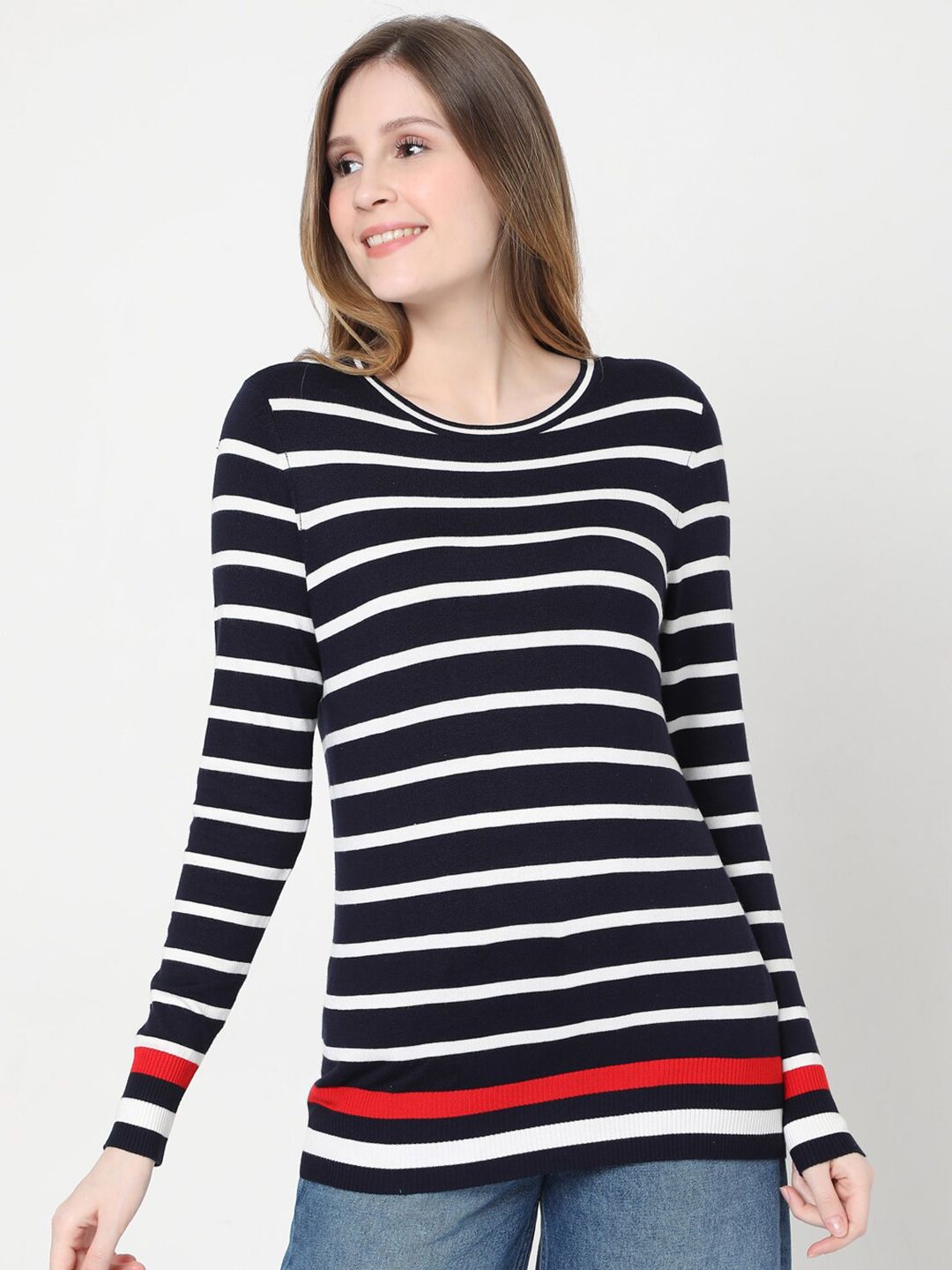 Vero Moda Women Navy Blue & White Striped Pullover Sweater Price in India