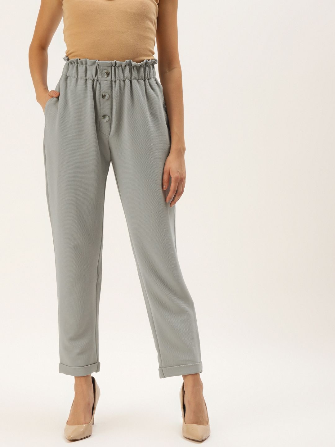 Zastraa Women Grey Solid Loose Fit Peg Trousers Price in India