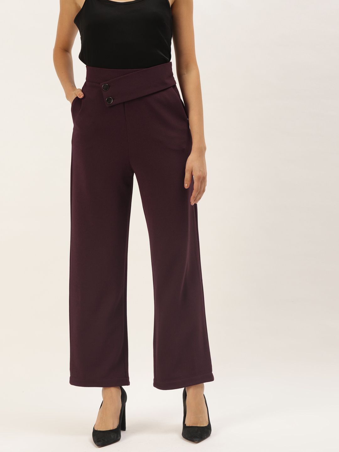 Zastraa Women Burgundy Solid High-Rise Parallel Trousers Price in India