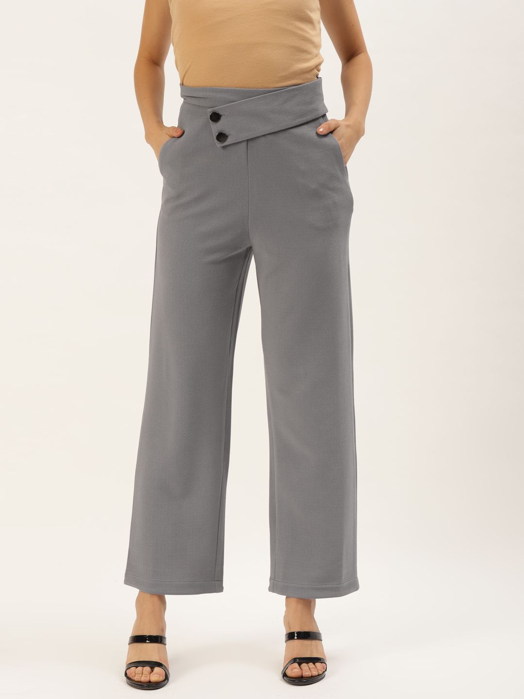 Zastraa Women Grey Solid High-Rise Parallel Trousers Price in India