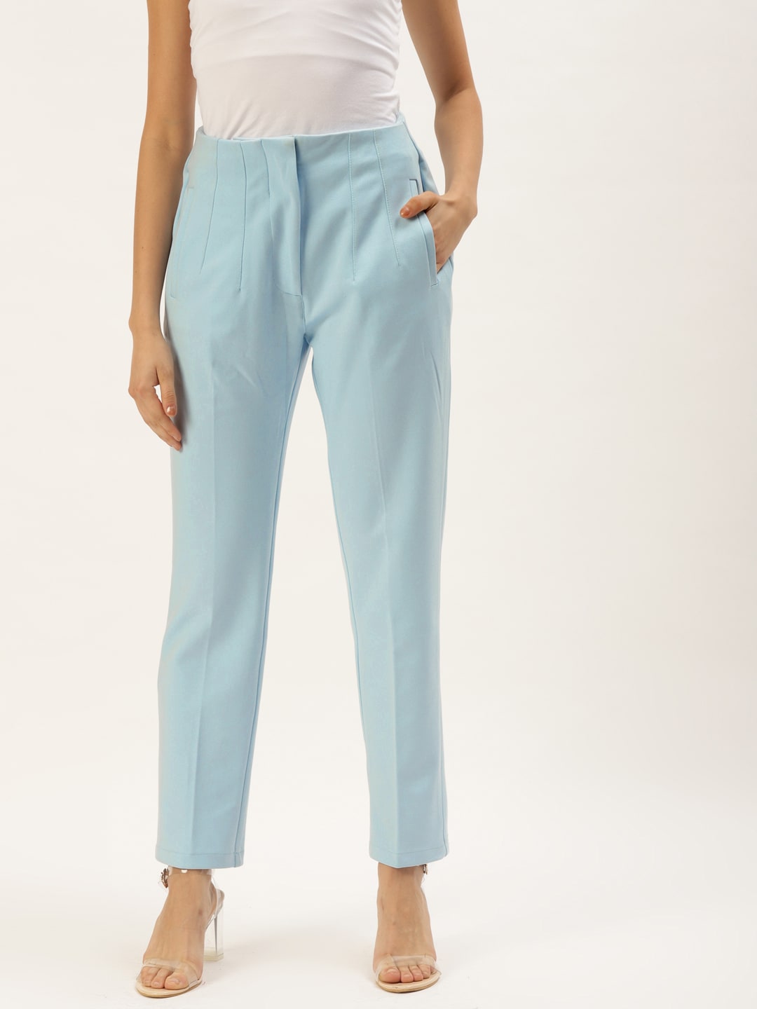 Zastraa Women Sky Blue Slim Fit High-Rise Formal Trousers Price in India