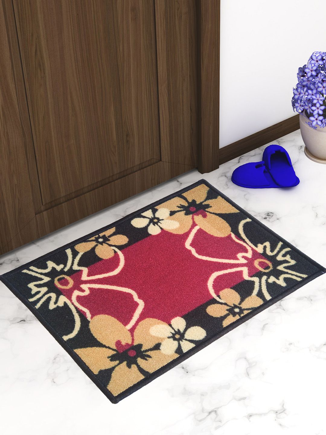 Athom Trendz Set Of 2 Black & Yellow Patterned Anti Skid Latex Backing Door Mats Price in India